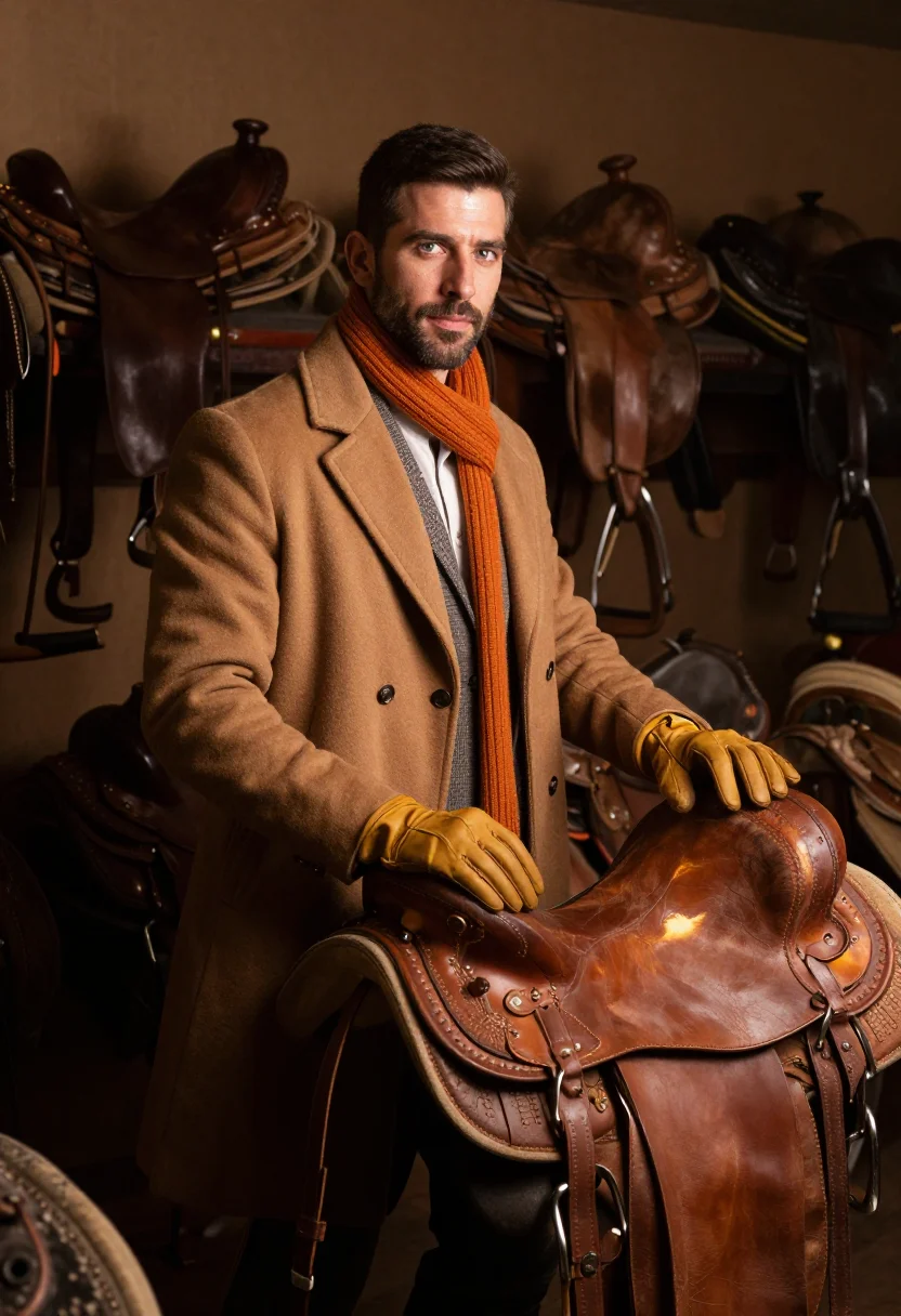 AI hermes faubourg hiver sample — portrait of a man, in the saddle room among the racked saddl
