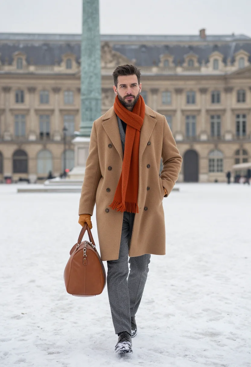 AI hermes faubourg hiver sample — portrait of a man, crossing Place Vendome in the first snow,