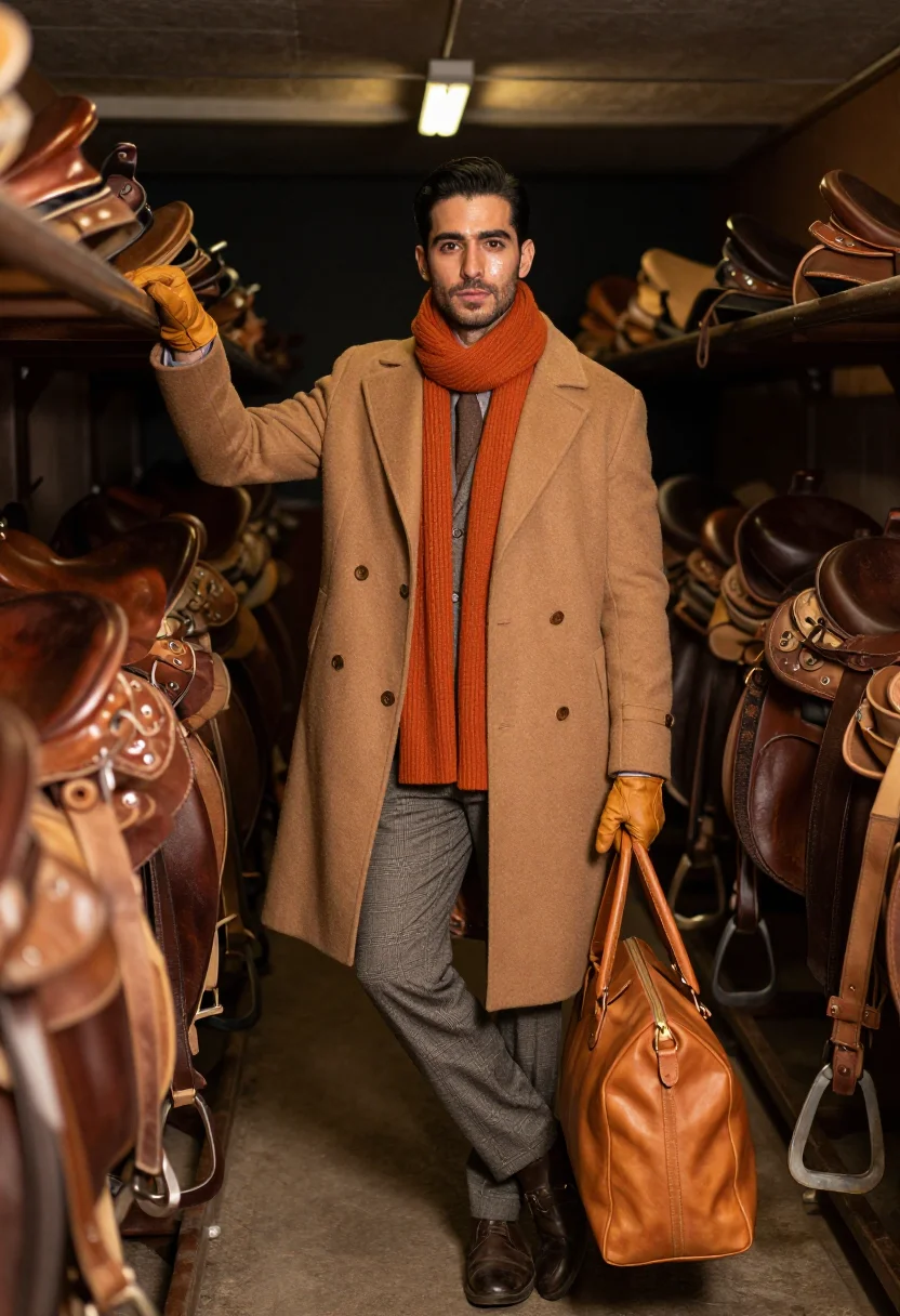 AI hermes faubourg hiver sample — portrait of a man, at the end of the saddle-room aisle, a We