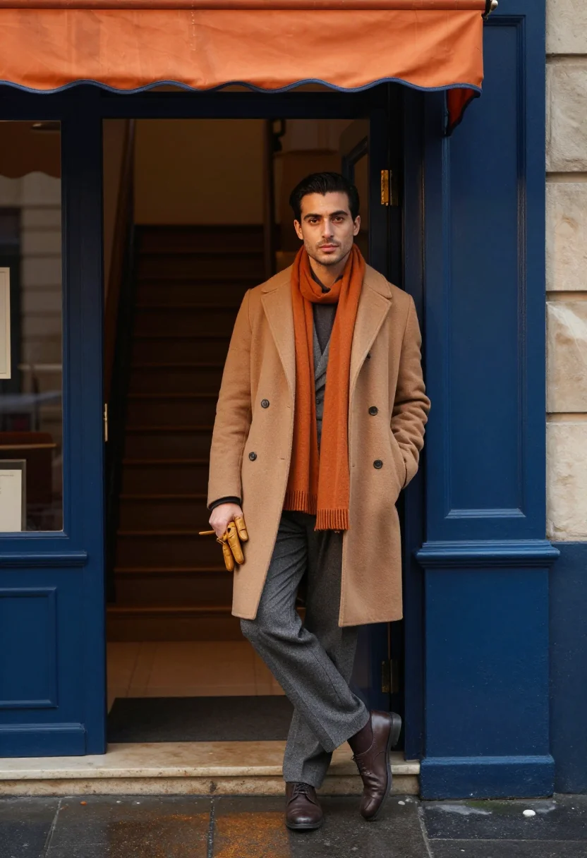 AI hermes faubourg hiver sample — portrait of a man, in the doorway of 24 Faubourg Saint-Honor