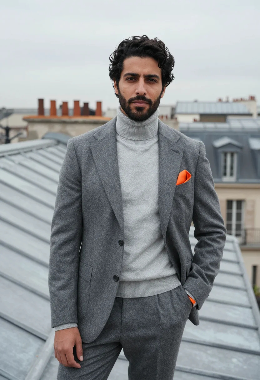 AI hermes faubourg rooftop garden grey orange sample — portrait of a man, a Lebanese-French man in his early thirti