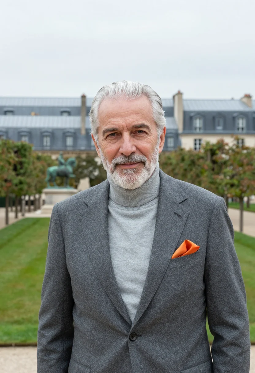 AI hermes faubourg rooftop garden grey orange sample — portrait of a man, a French man in his early sixties with fa