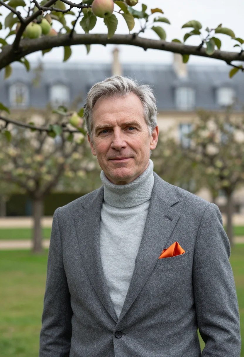 AI hermes faubourg rooftop garden grey orange sample — portrait of a man, an English man in his early fifties with