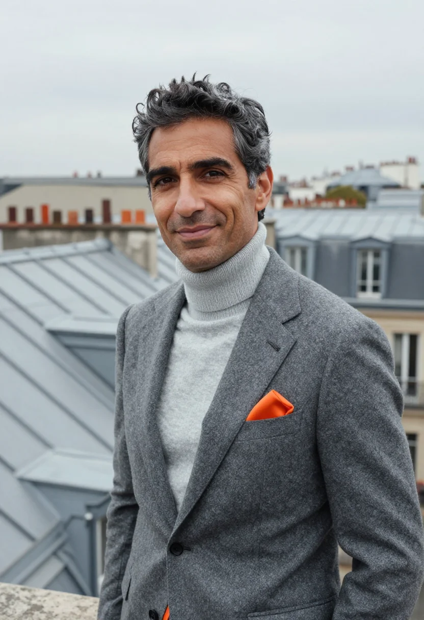 AI hermes faubourg rooftop garden grey orange sample — portrait of a man, an Italian man in his mid-forties with wa