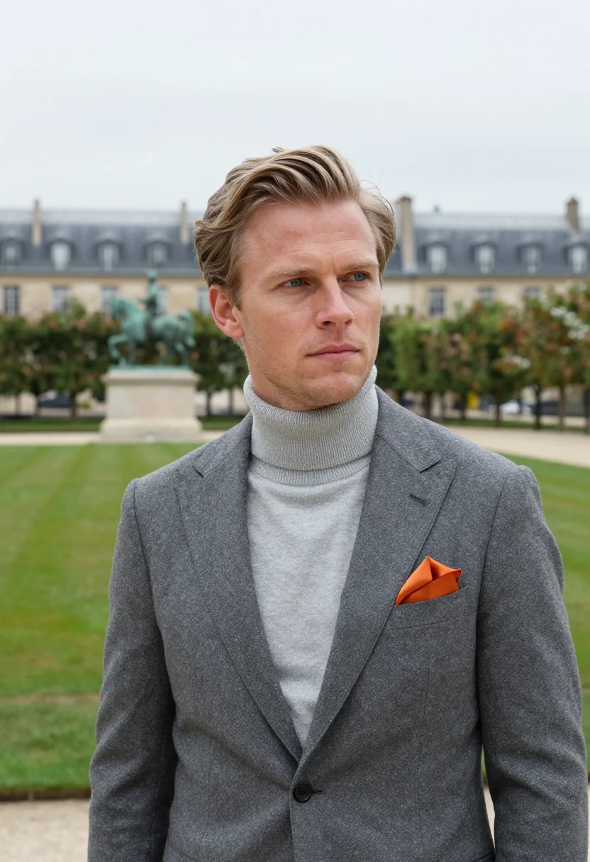AI hermes faubourg rooftop garden grey orange sample — portrait of a man, a Danish man in his early thirties with f