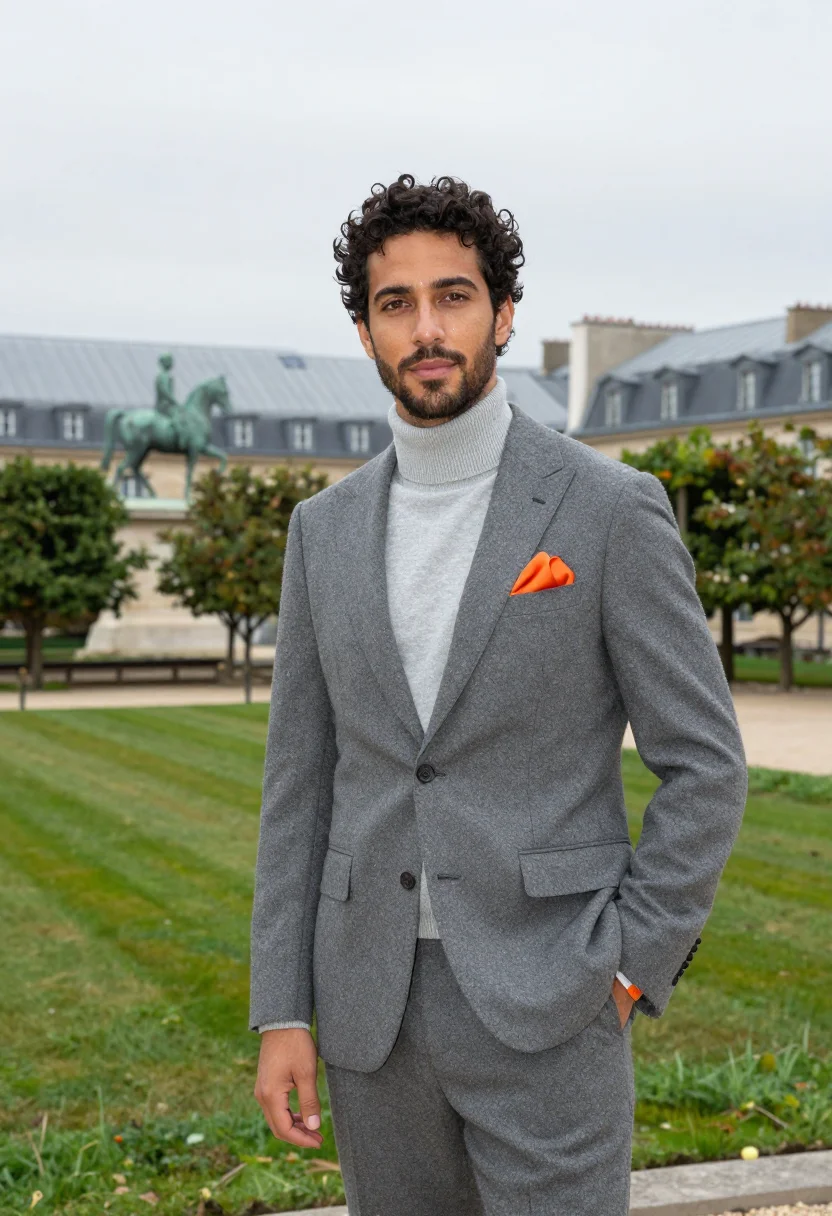 AI hermes faubourg rooftop garden grey orange sample — portrait of a man, a Portuguese man in his mid-thirties with