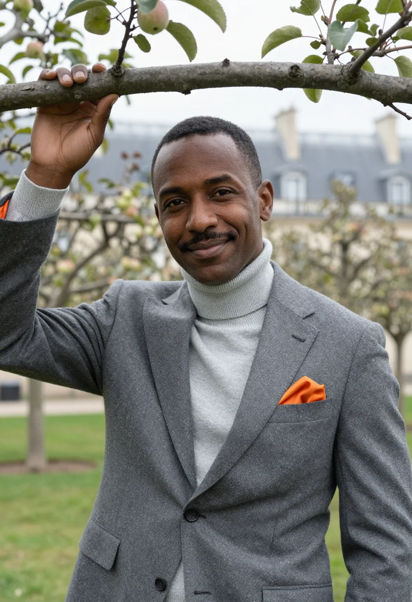 AI hermes faubourg rooftop garden grey orange sample — portrait of a man, a French-Cameroonian man in his late thir