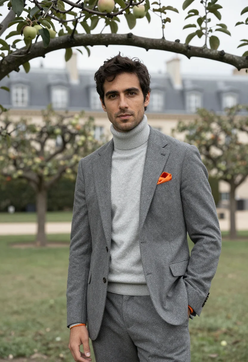 AI hermes faubourg rooftop garden grey orange sample — portrait of a man, a Spanish man in his early forties with w