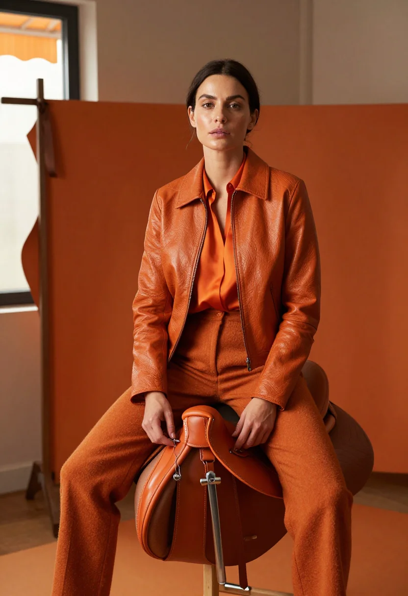 AI hermes orange sample — portrait of a woman, a woman in her mid-thirties with golden