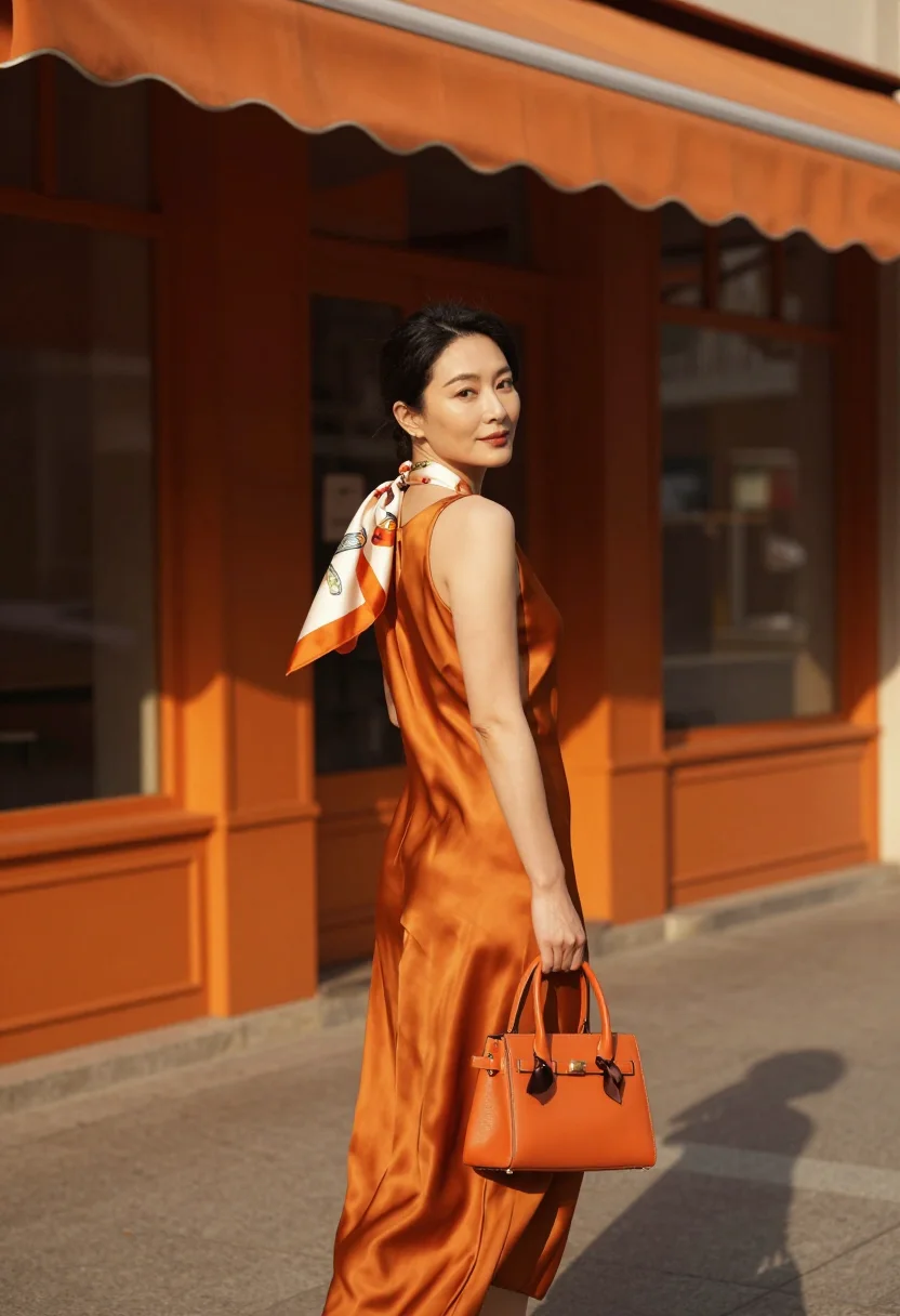 AI hermes orange sample — portrait of a woman, a woman in her forties with warm ivory