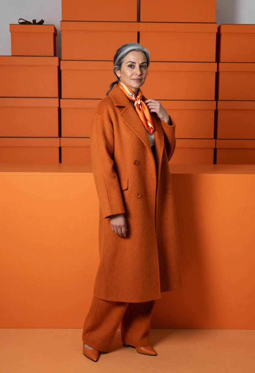 AI hermes orange sample — portrait of a woman, a woman in her forties with warm olive
