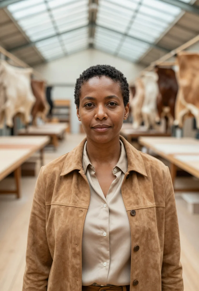 AI hermes pantin saddle stitch atelier natural tan sample — portrait of a woman, a French-Senegalese atelier director in
