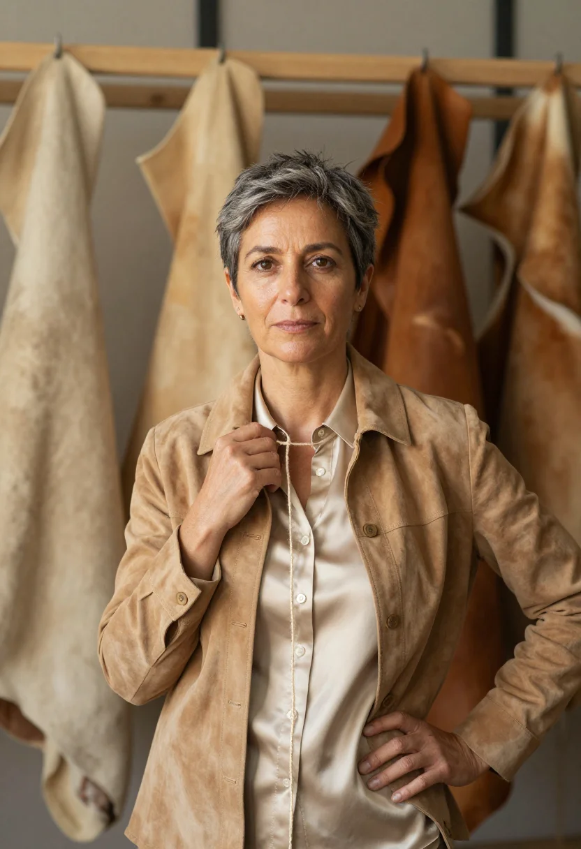 AI hermes pantin saddle stitch atelier natural tan sample — portrait of a woman, a Portuguese atelier director in her ea