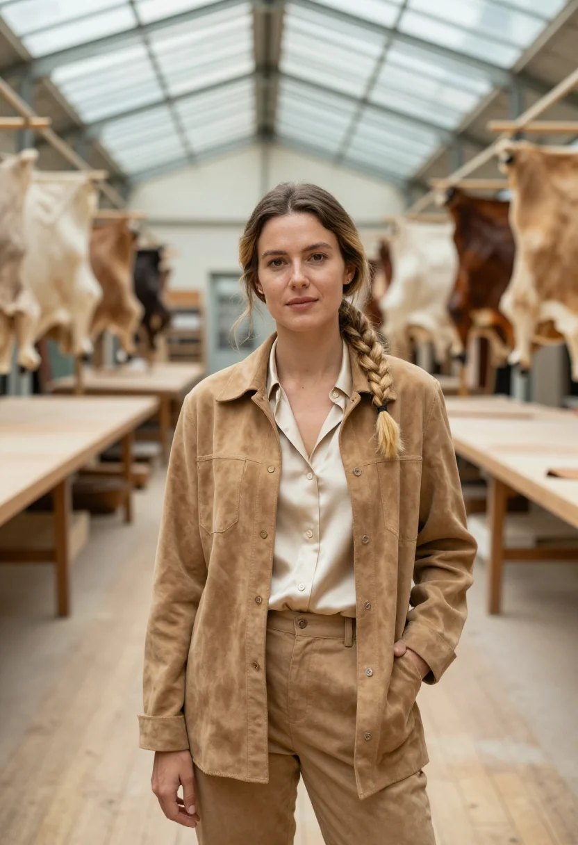 AI hermes pantin saddle stitch atelier natural tan sample — portrait of a woman, a French atelier director in her early