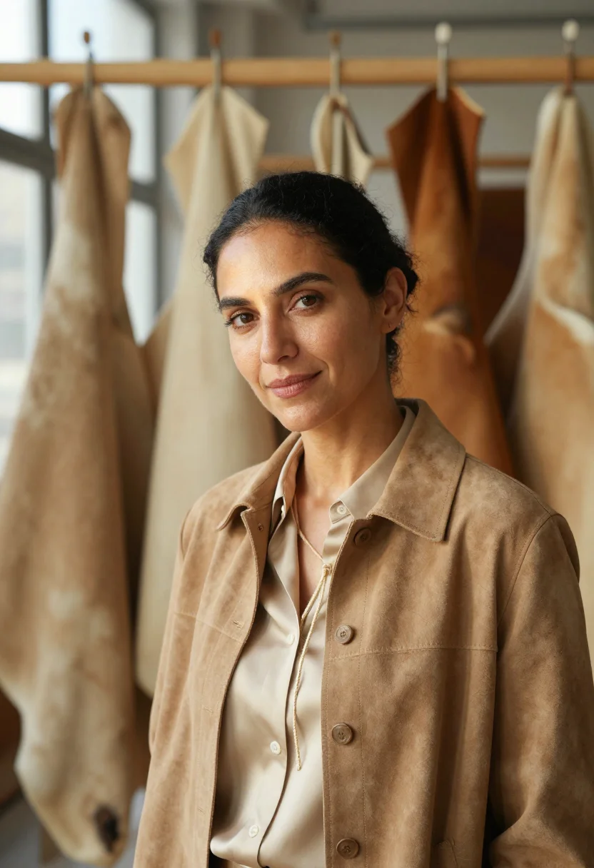 AI hermes pantin saddle stitch atelier natural tan sample — portrait of a woman, an Italian atelier director in her late
