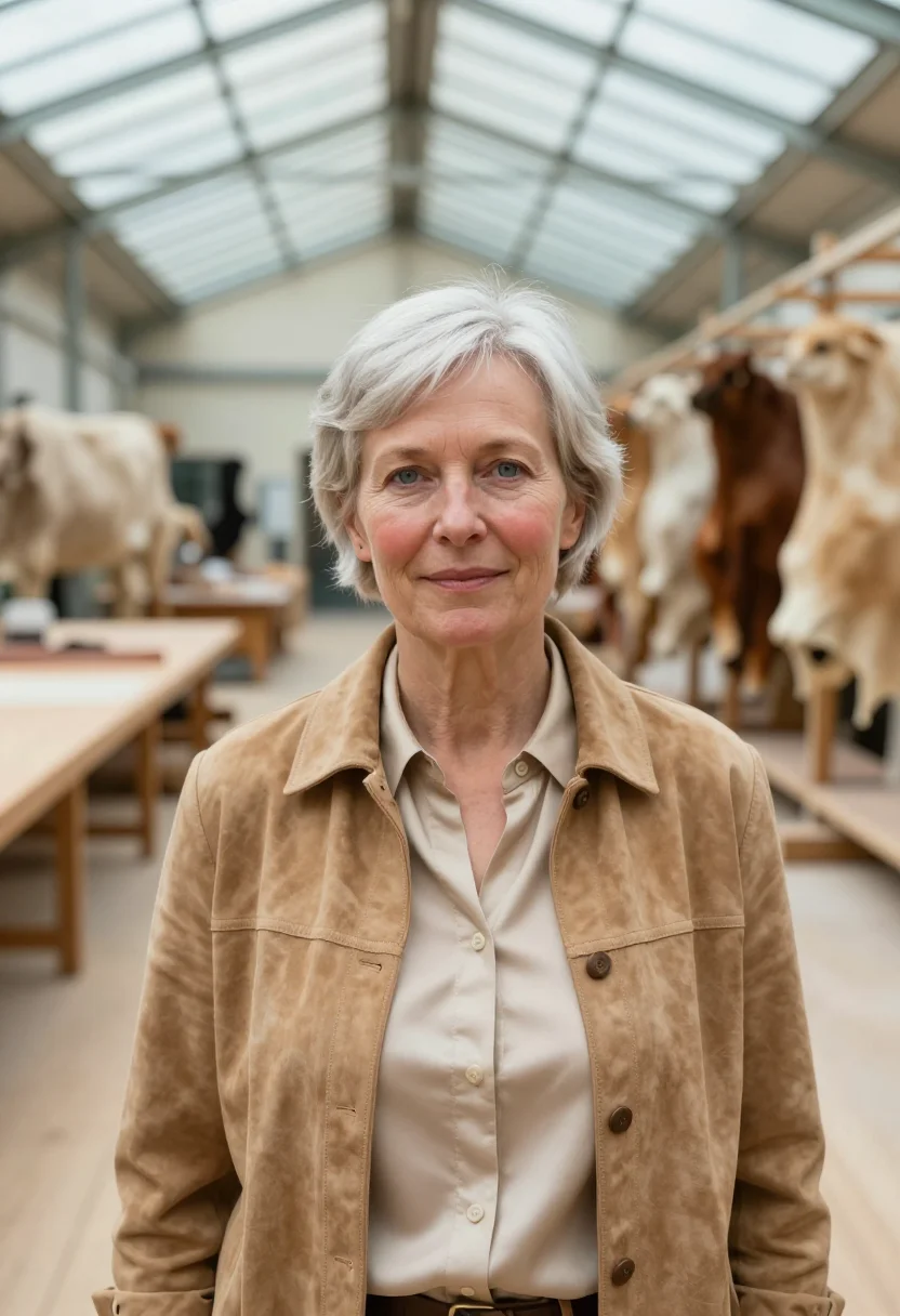 AI hermes pantin saddle stitch atelier natural tan sample — portrait of a woman, a Dutch atelier director in her late fi