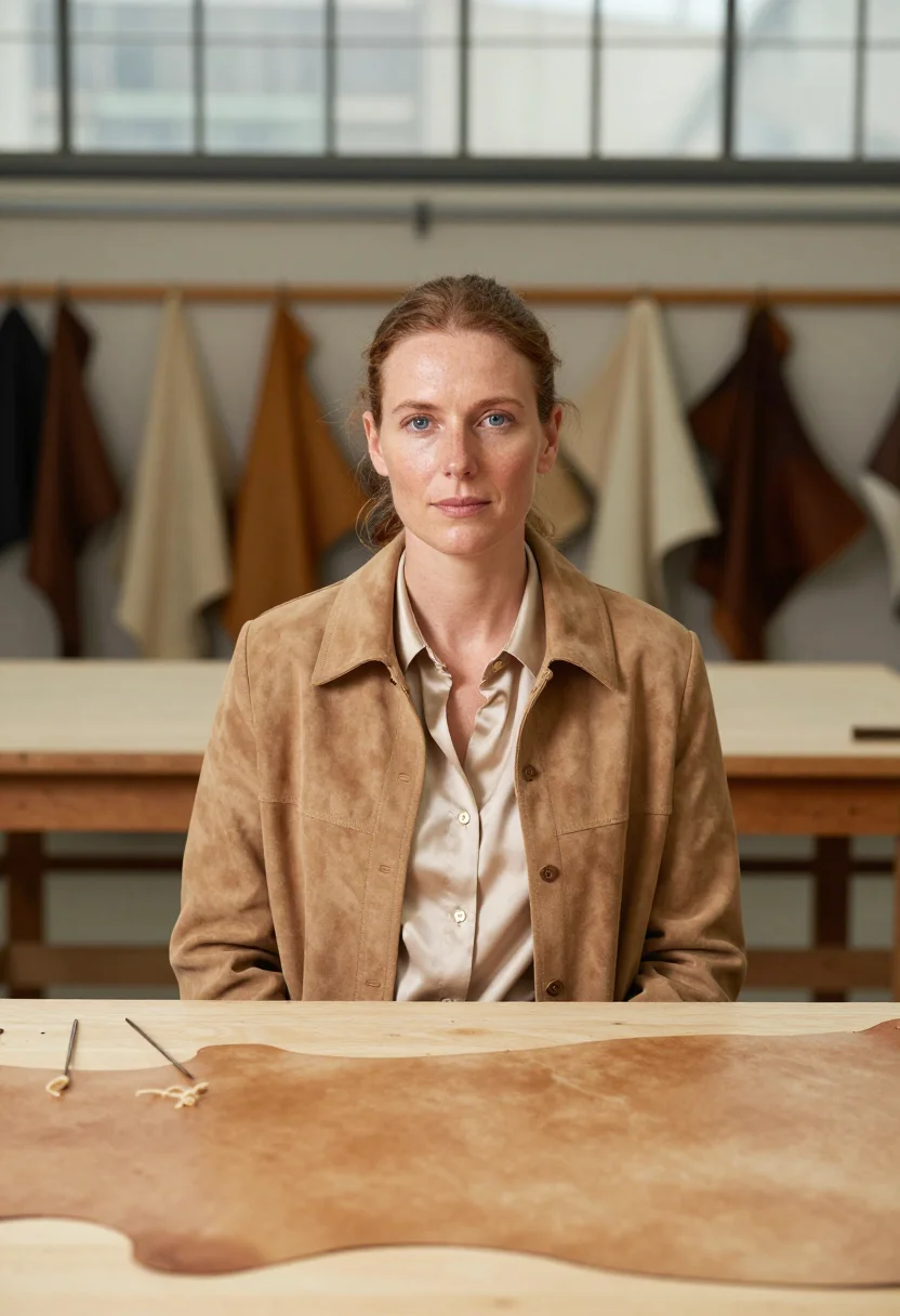 AI hermes pantin saddle stitch atelier natural tan sample — portrait of a woman, a Belgian atelier director in her mid-t