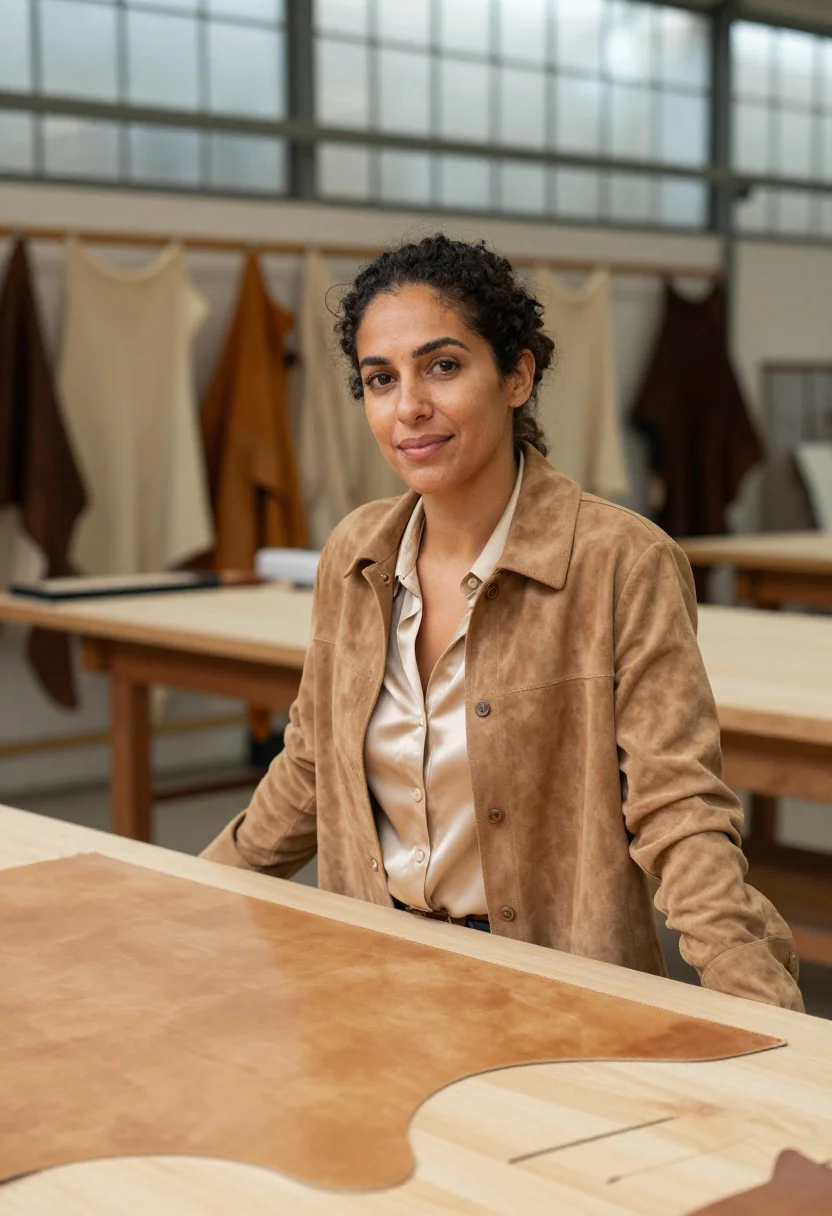 AI hermes pantin saddle stitch atelier natural tan sample — portrait of a woman, a French-Algerian atelier director in h