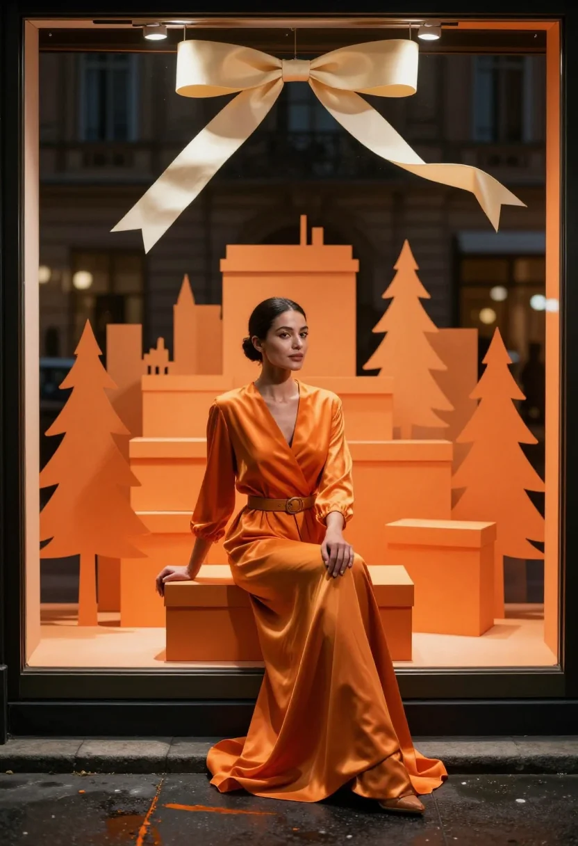 AI hermes vitrine sample — portrait of a woman, seen from the pavement through the plat
