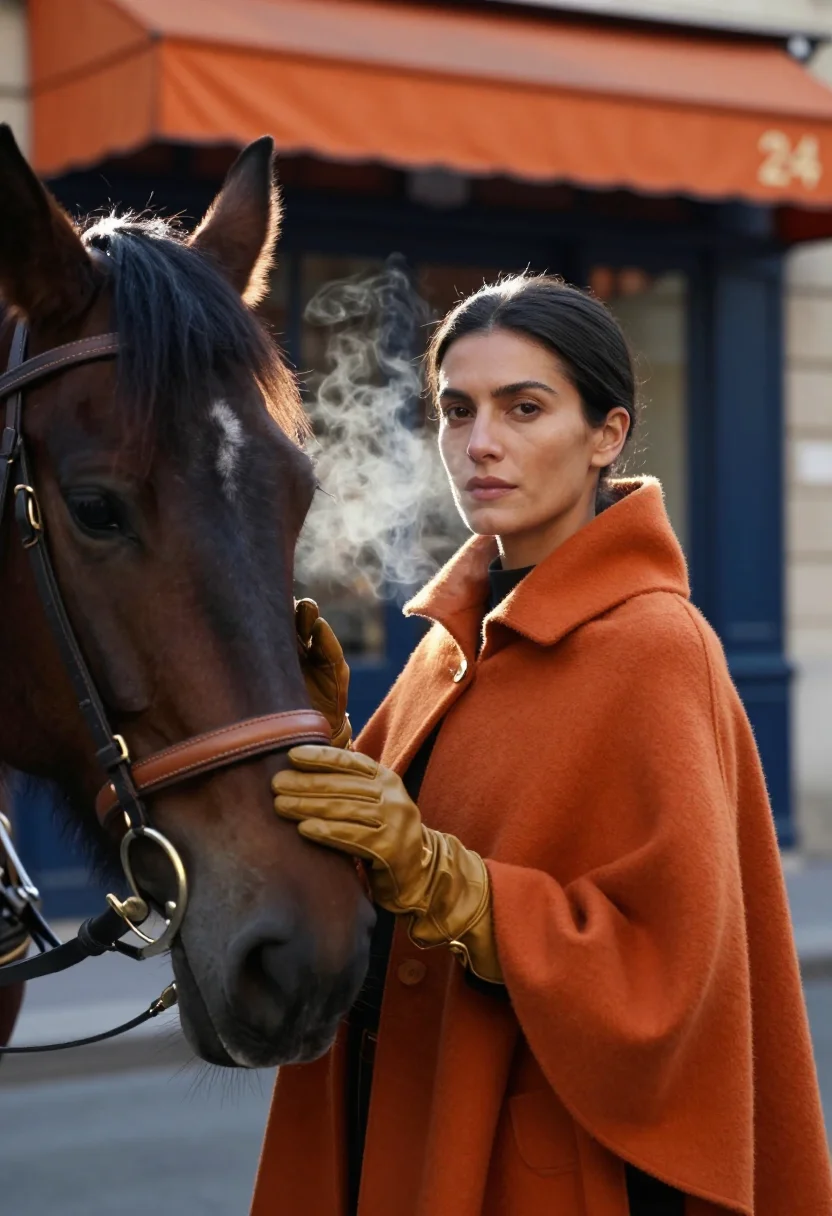 AI hermes vitrine sample — portrait of a woman, at dawn on the Faubourg Saint-Honore at