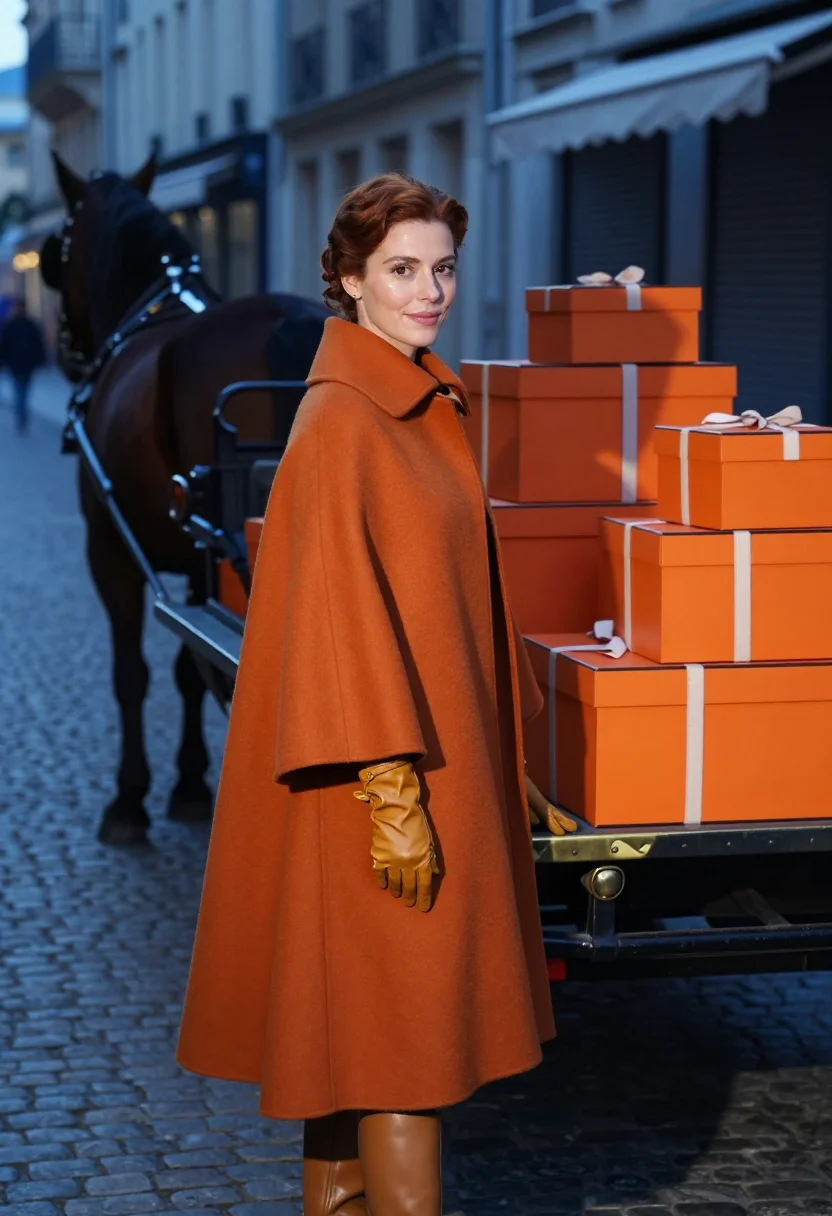 AI hermes vitrine sample — portrait of a woman, at dawn on the Faubourg Saint-Honore at