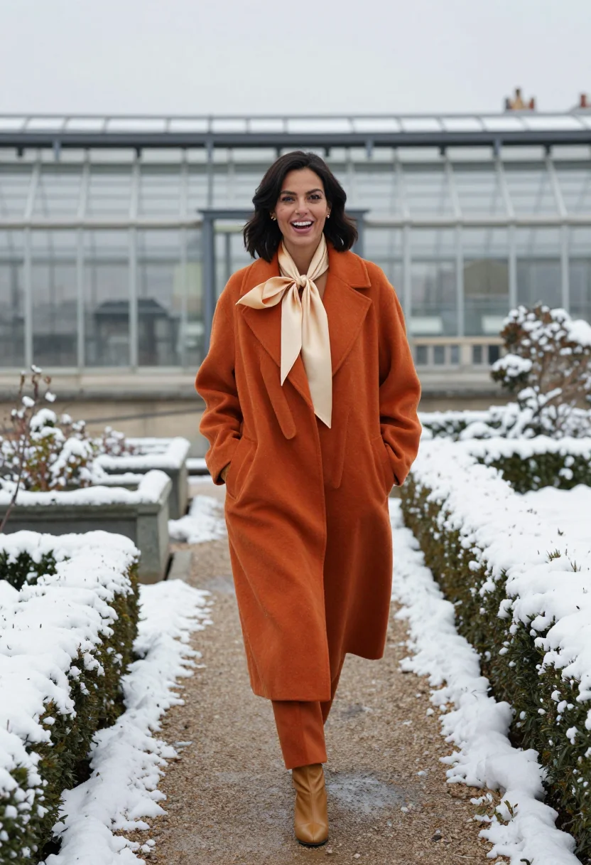 AI hermes vitrine sample — portrait of a woman, on the snow-covered rooftop garden abov