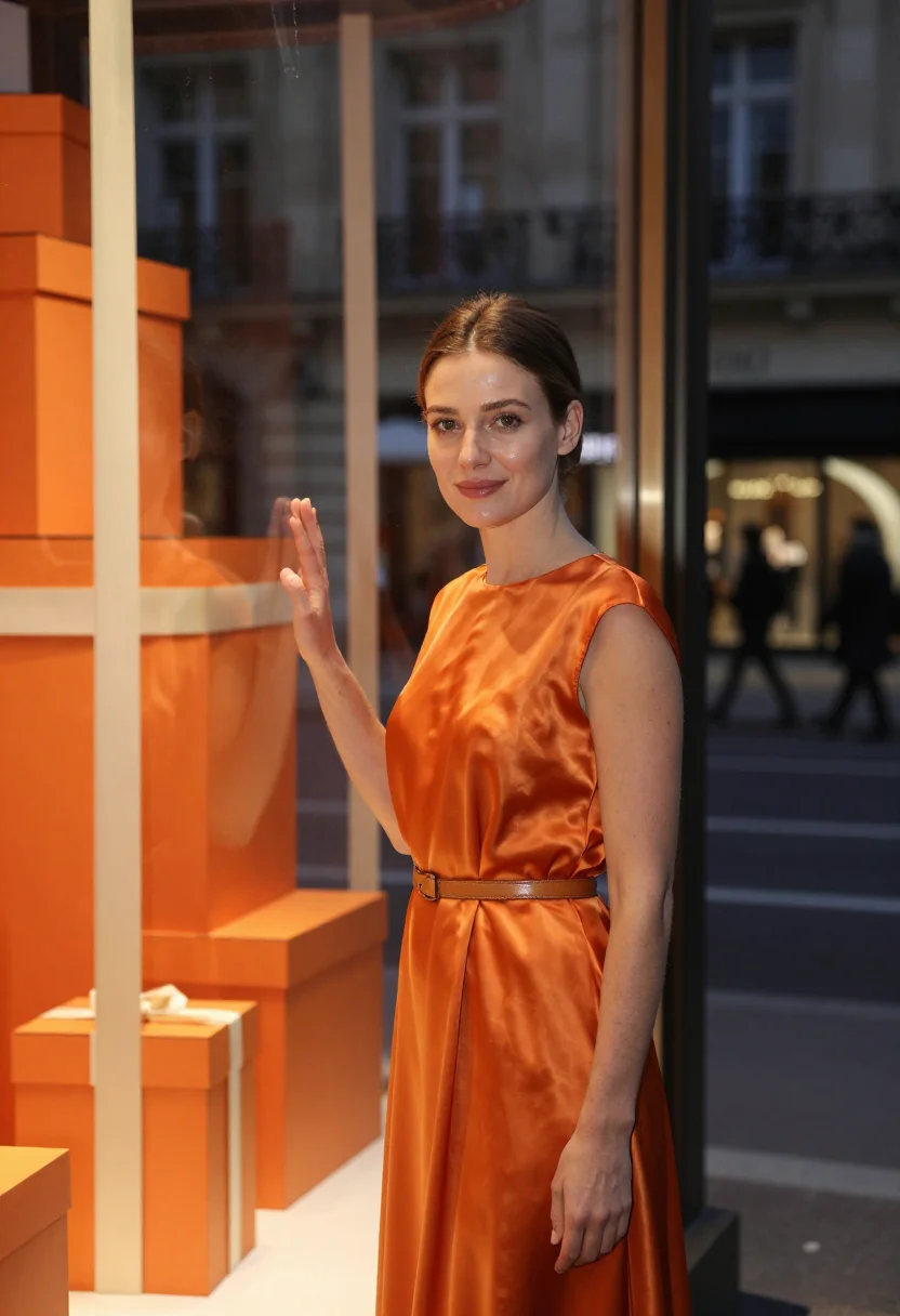 AI hermes vitrine sample — portrait of a woman, at the inside face of the plate glass o