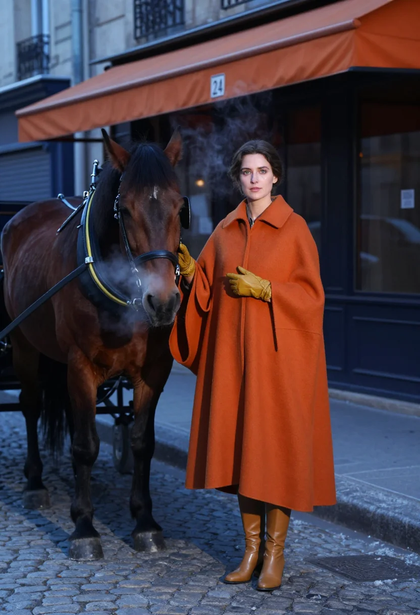 AI hermes vitrine sample — portrait of a woman, at dawn on the Faubourg Saint-Honore be