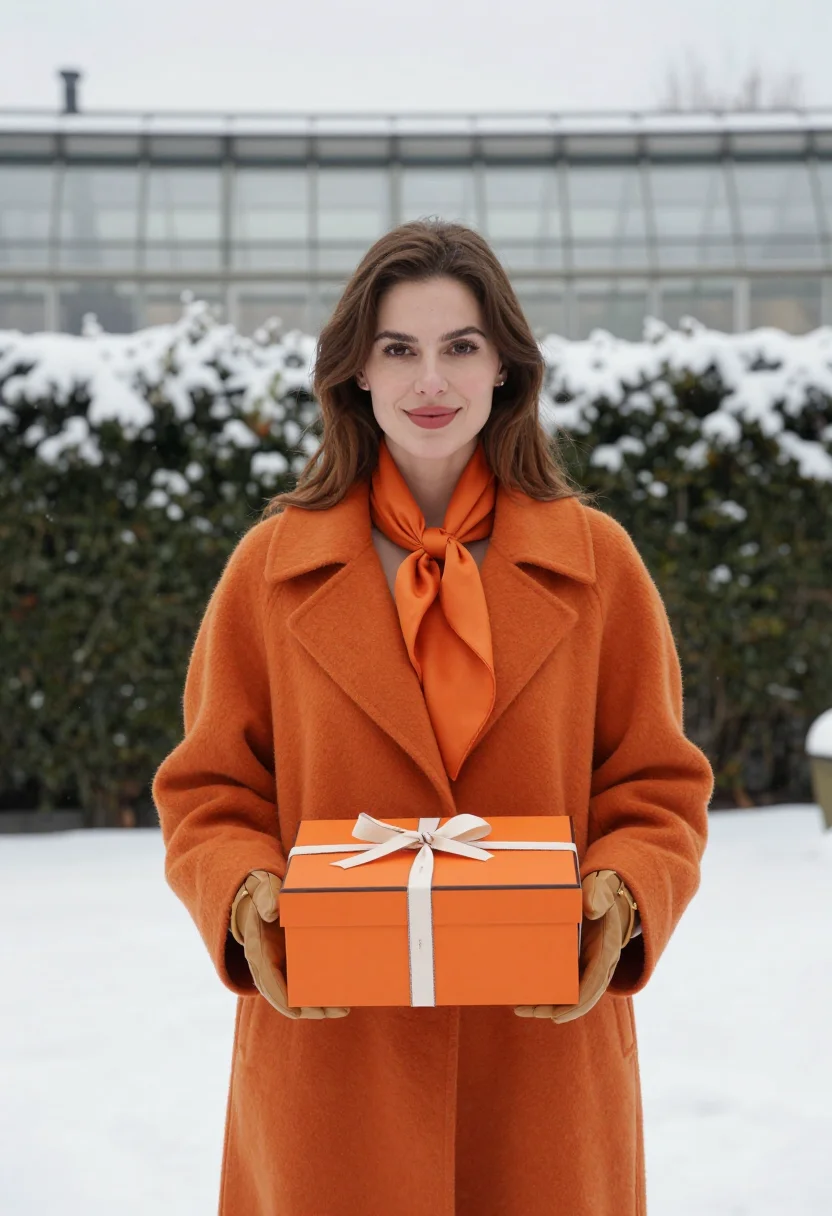 AI hermes vitrine sample — portrait of a woman, on the snow-covered rooftop garden abov