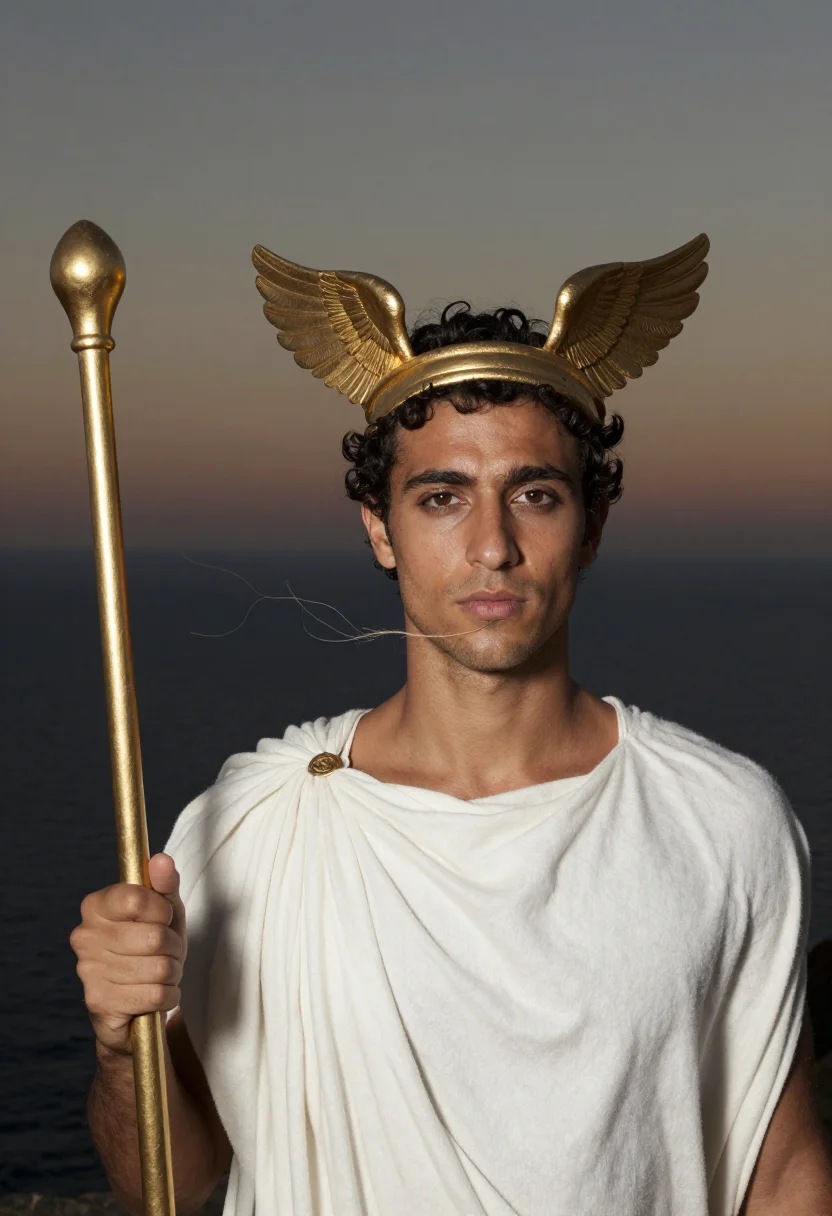 AI hermes sample — portrait of a man, close portrait of a Greek man in his mid-