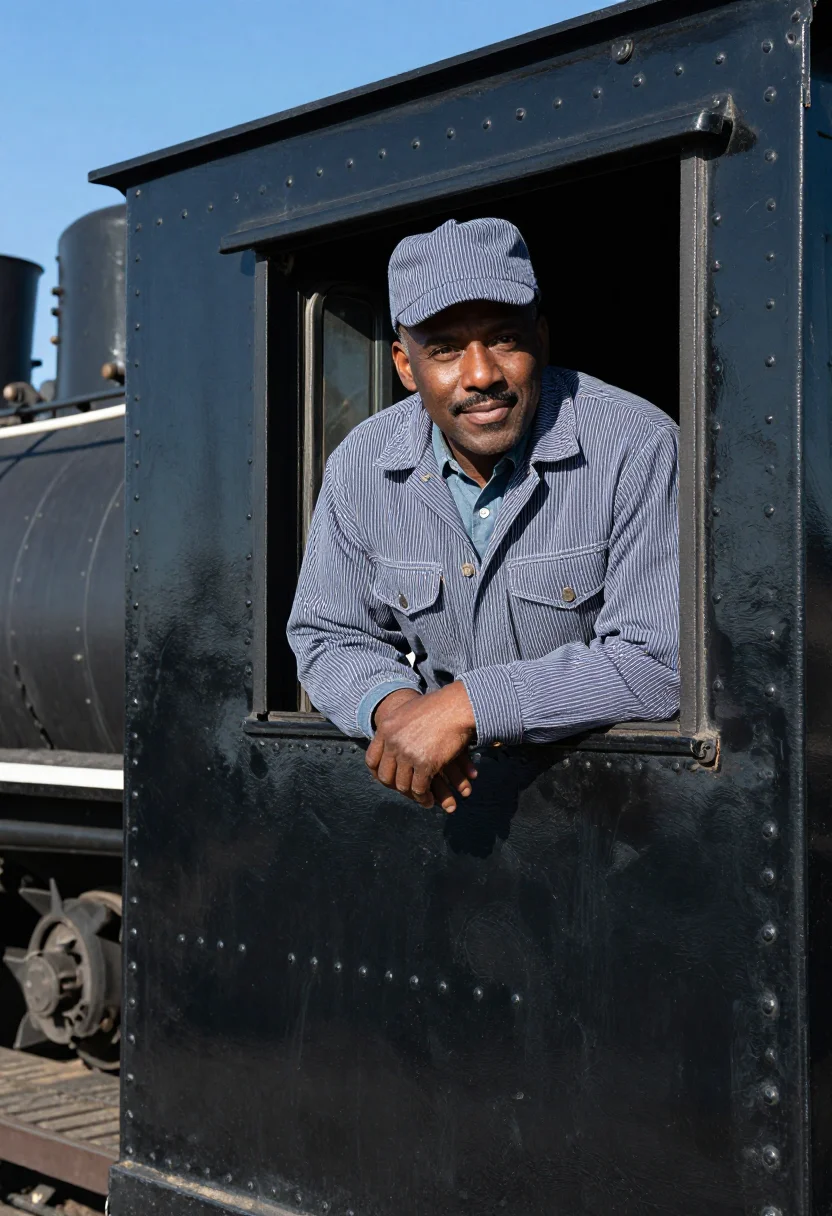 AI hickory stripe railroad engineer sample — portrait of a man, in his mid-forties, Black American, with