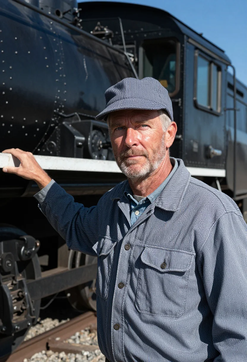AI hickory stripe railroad engineer sample — portrait of a man, in his early fifties, with ruddy fair ski