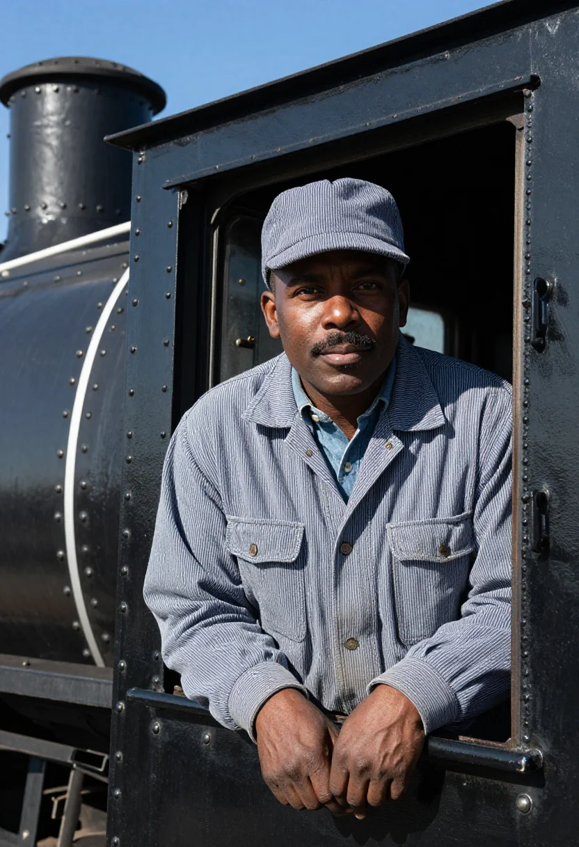 AI hickory stripe railroad engineer sample — portrait of a man, in his mid-forties, Black American, with