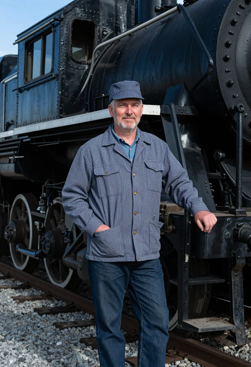 AI hickory stripe railroad engineer sample — portrait of a man, in his early fifties, with ruddy fair ski