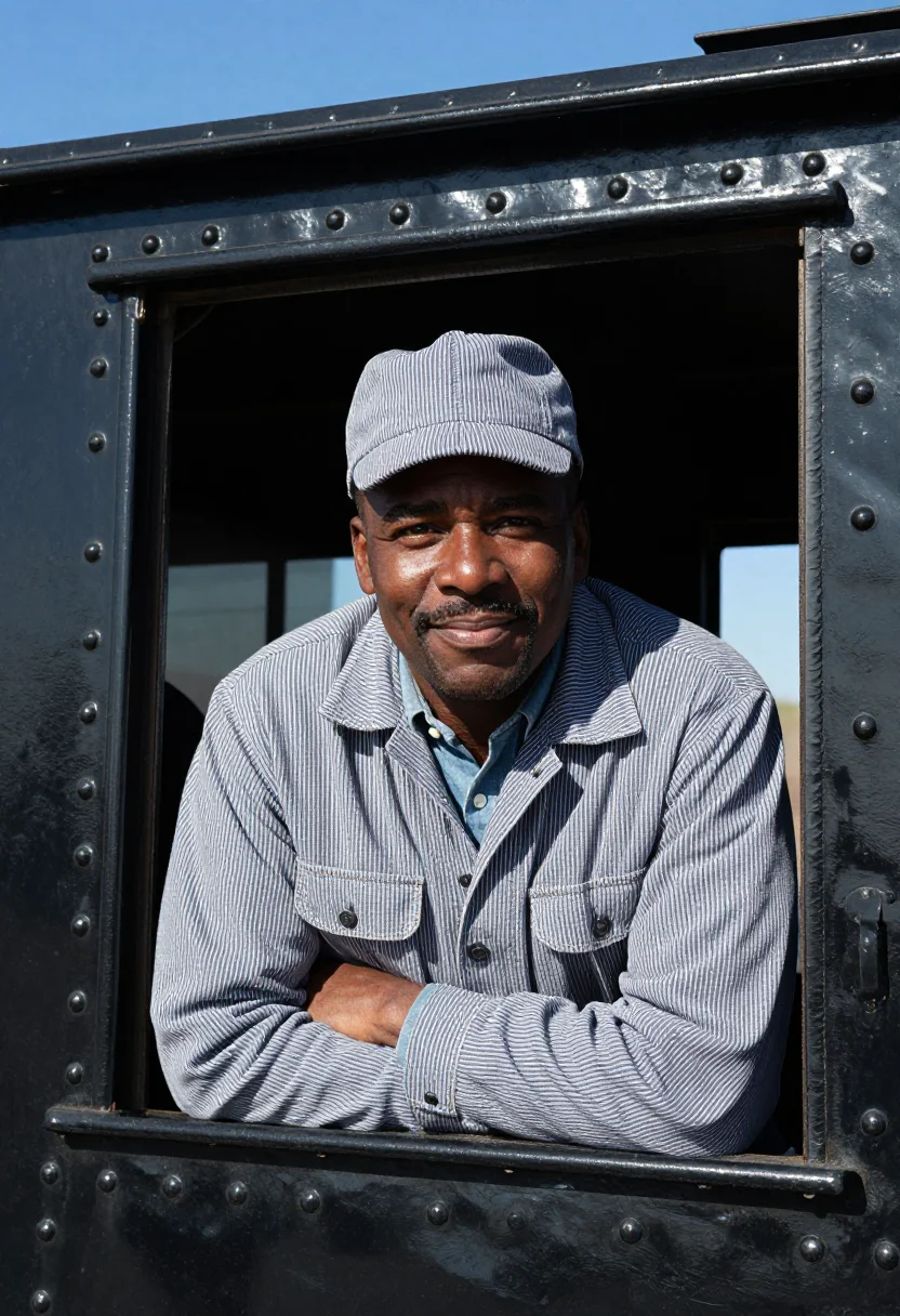 AI hickory stripe railroad engineer sample — portrait of a man, in his mid-forties, Black American, with