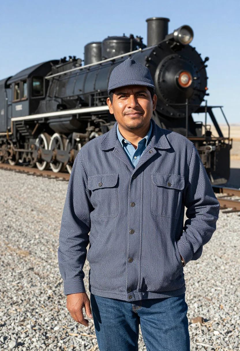 AI hickory stripe railroad engineer sample — portrait of a man, in his late thirties, Mexican-American, w