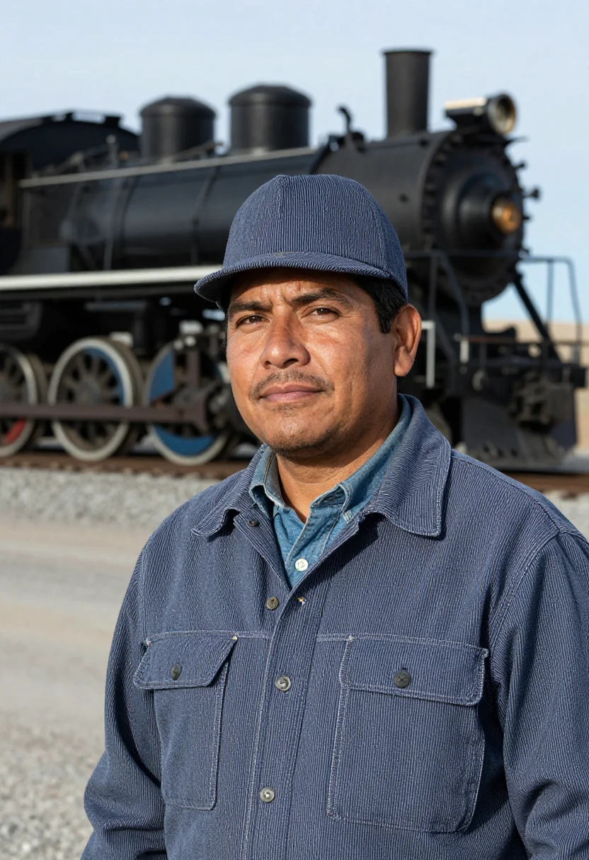 AI hickory stripe railroad engineer sample — portrait of a man, in his late thirties, Mexican-American, w