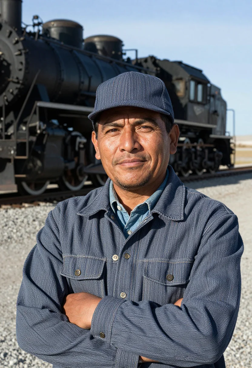 AI hickory stripe railroad engineer sample — portrait of a man, in his late thirties, Mexican-American, w
