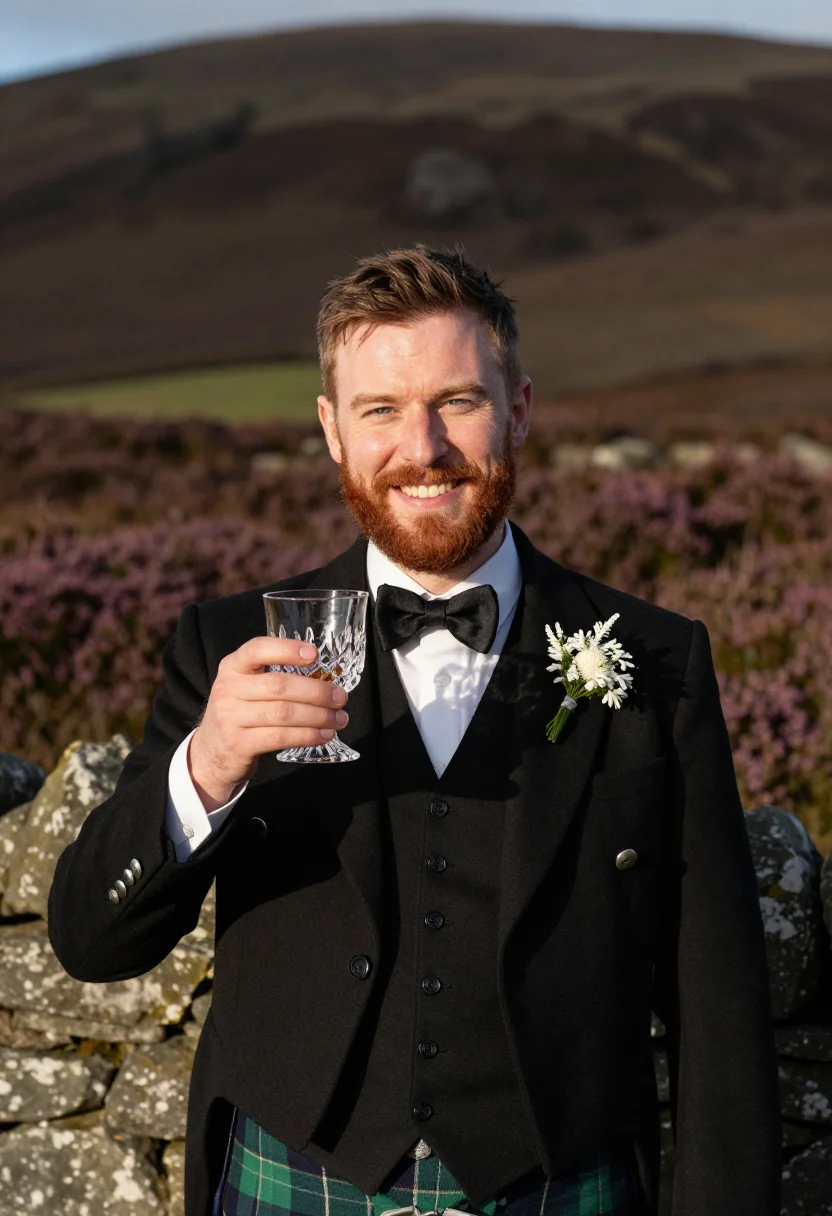 AI highland groom sample — portrait of a man, chest-up portrait of a Scottish man with