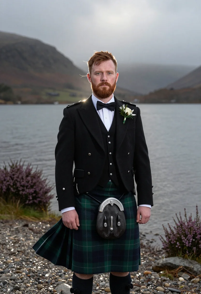 AI highland groom sample — portrait of a man, three-quarter-length portrait of a Scotti