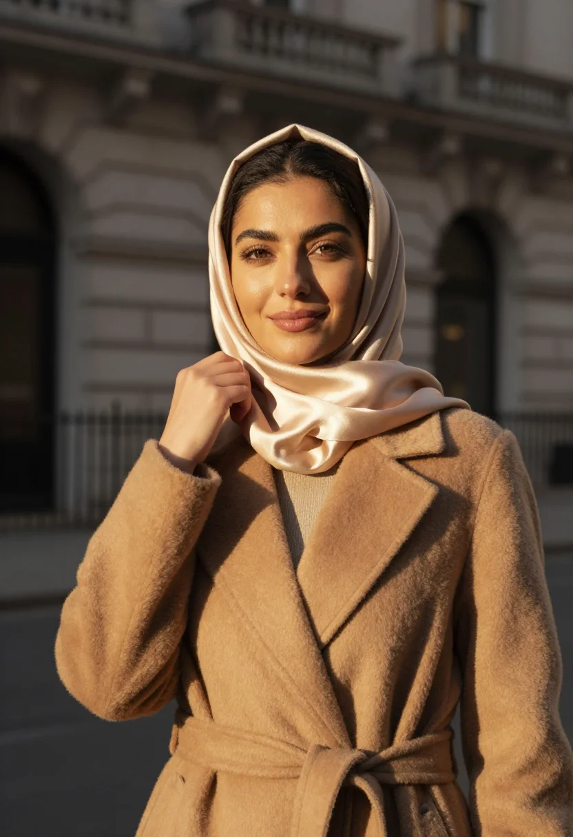AI hijab camel november sample — portrait of a woman, framed chest-up, cropped at the ribs, t