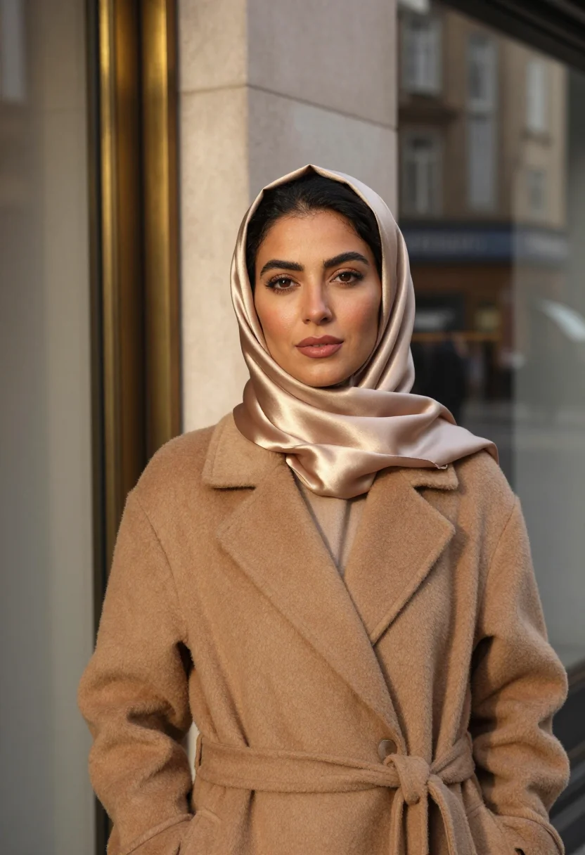 AI hijab camel november sample — portrait of a woman, framed tight, head and shoulders, the b