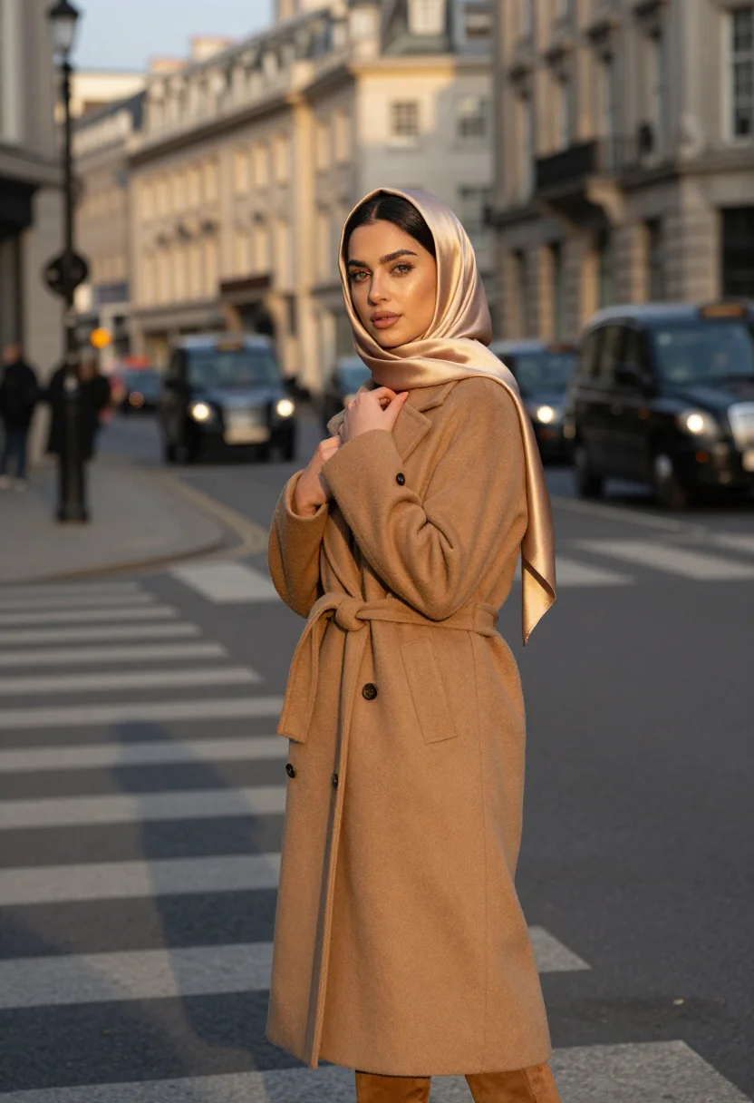 AI hijab camel november sample — portrait of a woman, framed chest-up, cropped at the ribs, t