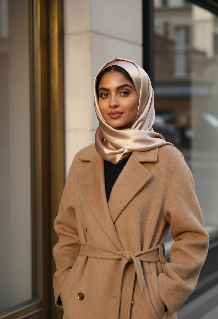 AI hijab camel november sample — portrait of a woman, framed chest-up, cropped at the ribs, t