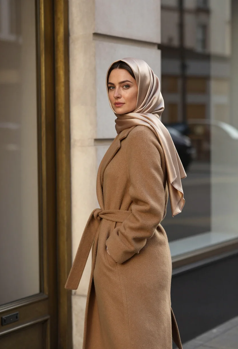 AI hijab camel november sample — portrait of a woman, framed three-quarter length from the he