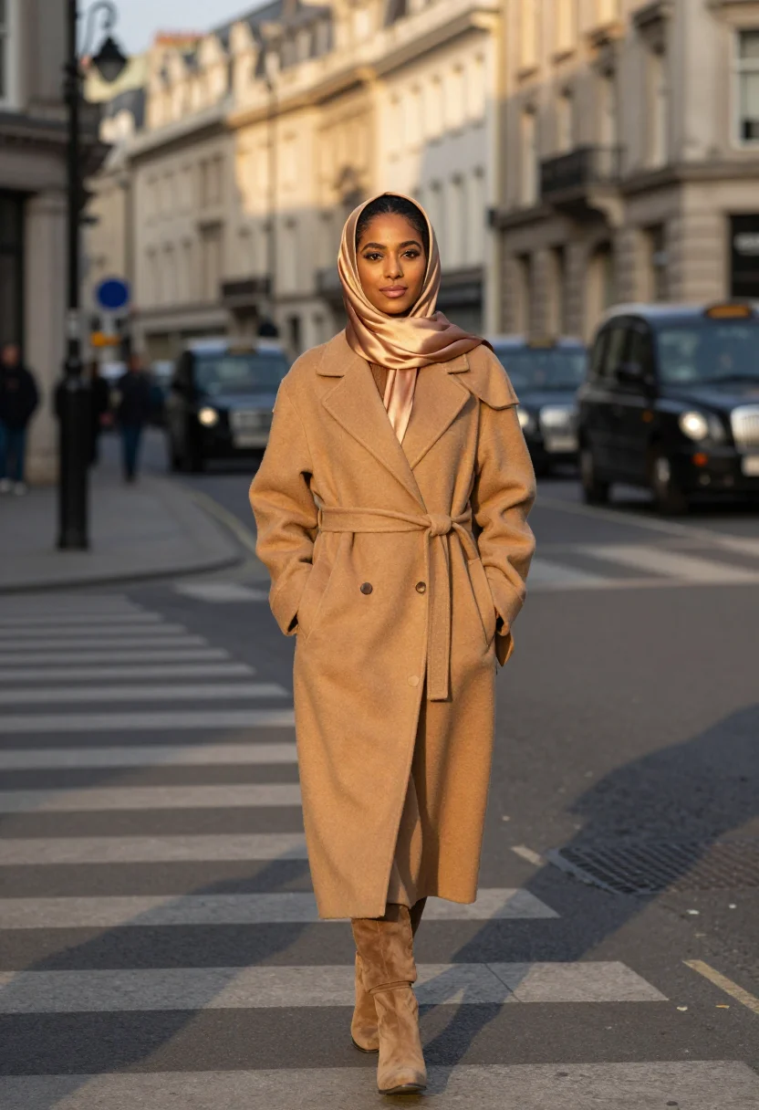 AI hijab camel november sample — portrait of a woman, framed full-length from the head to the