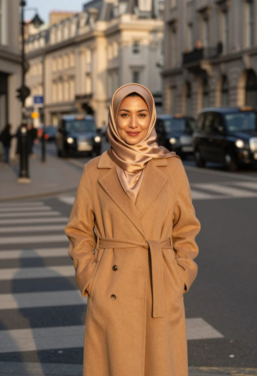 AI hijab camel november sample — portrait of a woman, framed tight, head and shoulders, the b