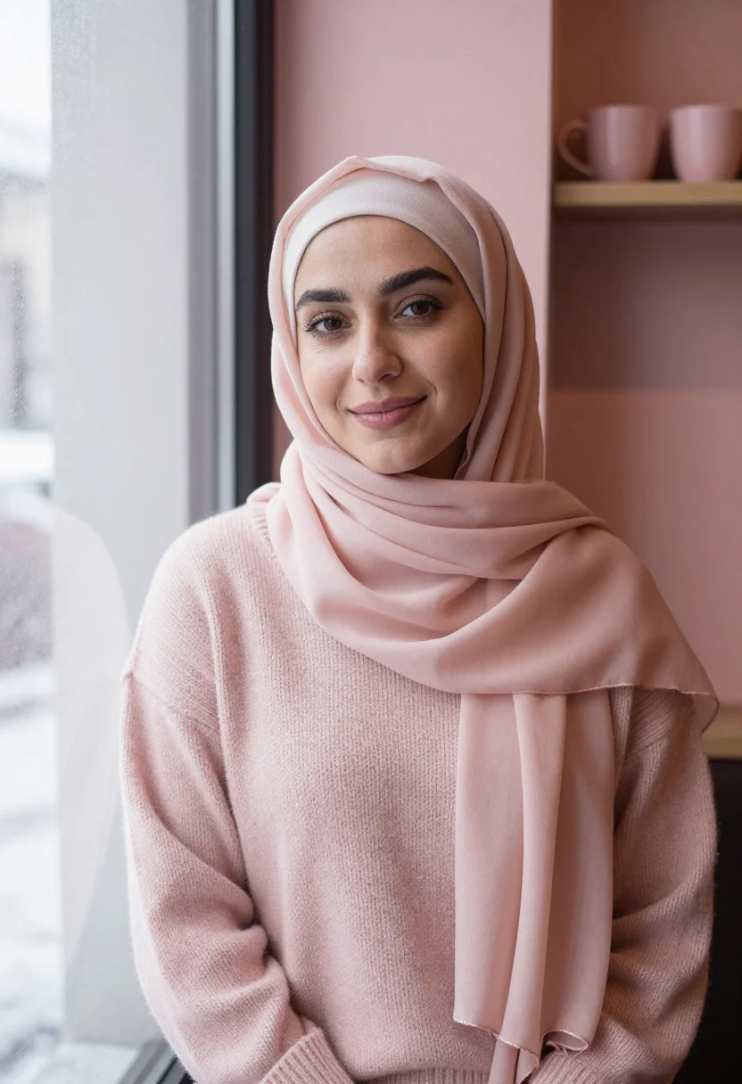 AI hijab dating profile blush sample — portrait of a woman, framed half-length from the head to the