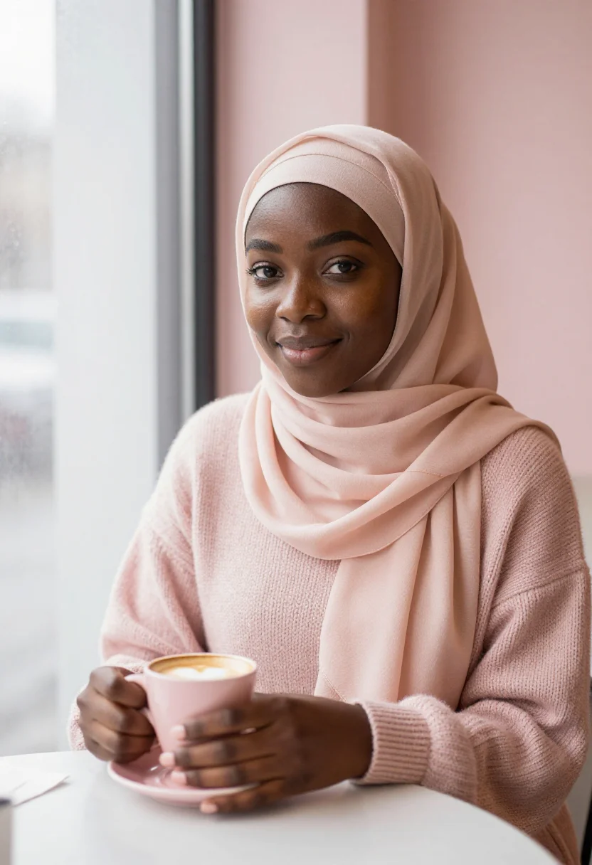 AI hijab dating profile blush sample — portrait of a woman, framed half-length from the head to the