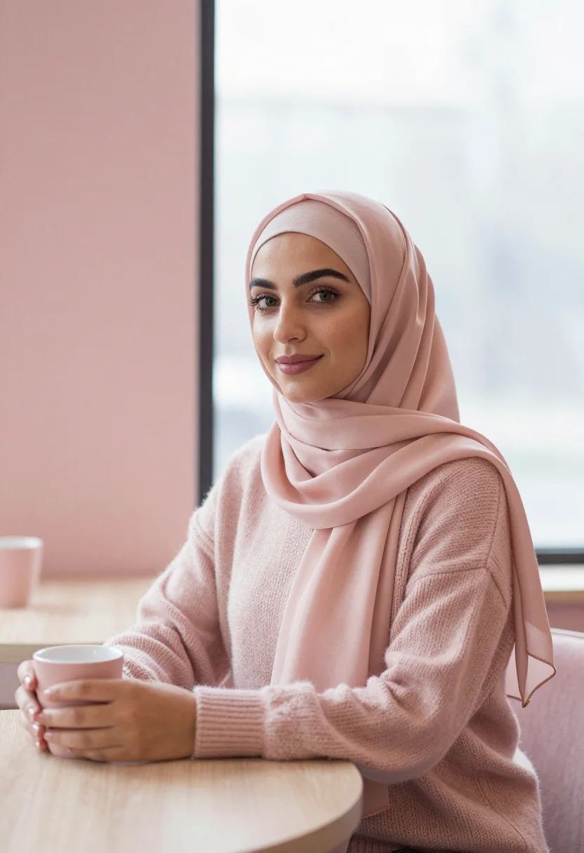 AI hijab dating profile blush sample — portrait of a woman, framed chest-up, cropped at the ribs, t